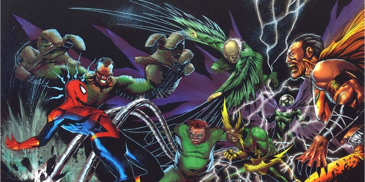 Złowieszcza Szóstka (wrogowie) - odwieczni rywale Spider-Mana; w MCU działa już trzech członków drużyny, Vulture, Skorpion i Mysterio; w komiksach w skład grupy wchodzili także (w różnych okresach) Doktor Octopus, Norman Osborn, Electro, Kraven czy Sandman