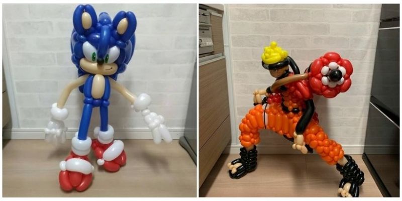 Sztuka balonowa - artysta odtwarza popularne postaci. Naruto, Sonic, Goku i inni