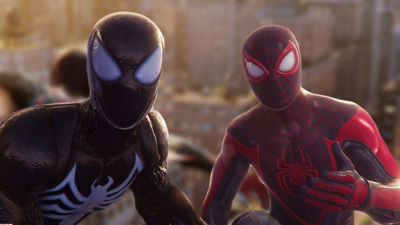 72. Marvel's Spider-Man 2 - Ganke w trakcie krótkiej rozmowy z Milesem, gra na konsoli i na ekranie widzimy gameplay z gry Marvel's Spider-Man 2, która w 2023 roku doczeka się swojej premiery.