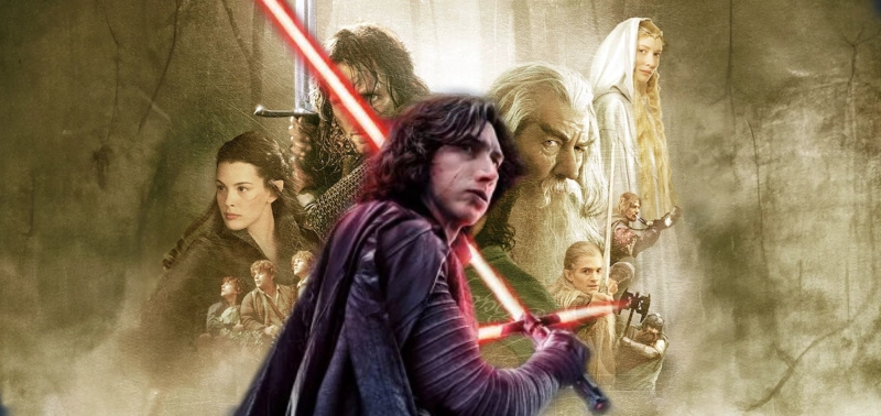 Kylo Ren ze świata Gwiezdnych Wojen na tle postaci z Władcy Pierścieni