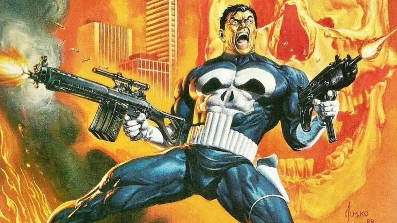 Punisher - fikcyjny bohater komiksów Marvela z karabinami, którymi strzela w pustą przestrzeń. Kadr z komiksów