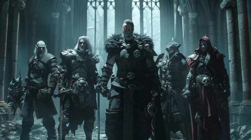 Grupa potwornych postaci z fikcyjnego świata fantasy. Grafika wygenerowana przez sztuczną inteligencję