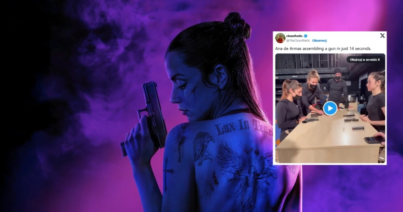 Ana de Armas na zdjęciu promującym film Ballerina i zrzut ekranu filmu TheCinesthetic