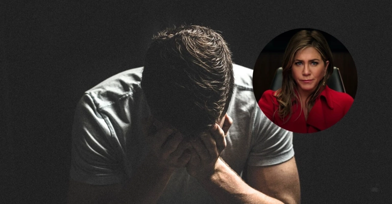 Jennifer Aniston na zjdęciu z serialu The Morning Show i płaczący mężczyzna