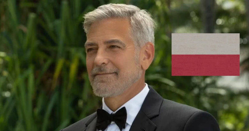 George Clooney na zdjęciu z filmu Bilet do raju i flaga Polski