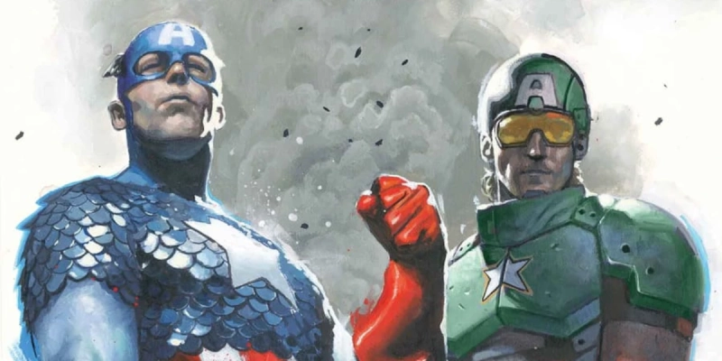 Okładka komiksu #Captain America. Po lewej stronie znajduje się Steve Rogers, a po prawej jego następca Dave. Oboje są ubrani w superbohaterskie kostiumy.