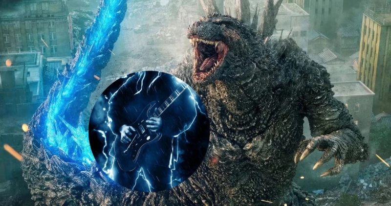 Zdjęcie z filmu Godzilla Minus One i grafika z gitarą