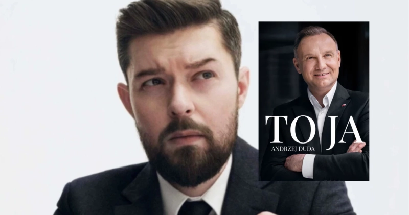 Remigiusz Mróz i okładka książki Andrzeja Dudy