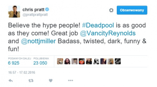 Chris Pratt - wpis z Twittera