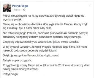 Patryk Vega - wpis z Facebooka