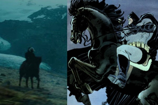 Gdy Bruce chce werbować Aquamana, widzimy go jadącego na koniu - to oczywiste nawiązanie do komiksu "Powrót Mrocznego Rycerza" Franka Millera