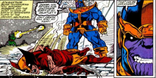 Nieograniczona transmutacja - za pomocą Rękawicy Thanos pokonywał herosów w osobliwy sposób; adamantium Logana zamienił w gumę, Thora w szkło a członków Novy w dzieci