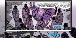 Cap, Czarna Wdowa i Falcon walczą w Syrii z ISIS; jedna z plansz sugeruje, że amerykański rząd może zaopatrywać terrorystów w technologię rasy Chitauri - być może to kolejny powód, dla którego Cap zdecyduje się zostać Nomadem