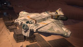 VCX-100 - gdy Han gra w Sabacca z Lando stawia swojego VCX-100, który jest dokładnie tym samym modelem statku, którym latają bohaterowie "Star Wars: Rebeliantów"