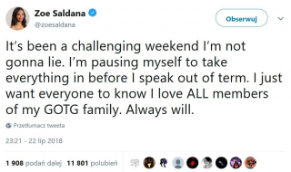 Zoe Saldana i Chris Pratt w obronie Jamesa Gunna