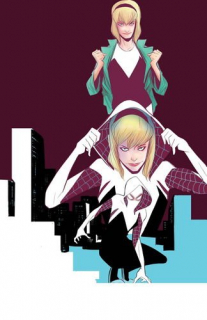 Postać ta jako Spider-Woman zadebiutowała w komiksach w 2014 roku; w alternatywnej rzeczywistości radioaktywny pająk ugryzł nie Petera Parkera a właśnie Gwen Stacy; co ciekawe, w tym samym świecie Parker działał jako Jaszczur, którego Spider-Gwen przypadkowo zabiła w trakcie walki; córka policjanta, perkusistka w zespole Mary-Janes; w animacji ma być początkowo przyjaciółką, następnie najprawdopodobniej miłością Milesa Moralesa