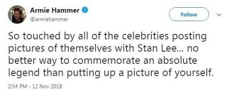 Armie Hammer po śmierci Stana Lee - krytyka