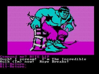 Questprobe featuring The Hulk - 	Apple II, Atari 8-bit, BBC Micro, browser, Commodore 16, Commodore Plus/4, Commodore 64, DOS, Dragon 32/64, Acorn Electron, ZX Spectrum (1984)