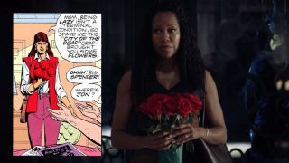 Angela trzyma w dłoniach bukiet kwiatów, podobnie jak w komiksach Laurie Juspeczyk udająca się do swojej matki, Sally Jupiter, po śmierci Komedianta. Reżyserka Nichole Kassell zdradziła, że to nawiązanie nie jest przypadkowe. 