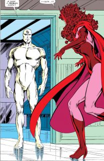 Wanda wydaje się przerażona wyglądem białego Visiona – dokładnie taką samą scenę zobaczyliśmy w komiksie „West Coast Avengers #45” z 1989 roku, w którym Vision powrócił do żywych w białej wersji.