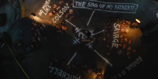 To ujęcie pochodzi najprawdopodobniej z Jaskini Nietoperza – Bruce Wayne zdecydował się w niej na podsumowanie dotychczasowych rezultatów prowadzonego przez siebie śledztwa. I tak „Mitchell” odnosi się do zabitego przez Riddlera burmistrza Gotham, natomiast „Colson” do Gila Colsona, prokuratora okręgowego, którego śmierć w wyniku eksplozji wyjawia poprzedni zwiastun. Napis „Nigdy więcej kłamstw” widzieliśmy również w gabinecie burmistrza Mitchella. Z kolei wyraz „Savage” to odwołanie do postaci komisarza policji o tym samym nazwisku (sportretuje go Alex Ferns), który najwyraźniej stanie się kolejną ofiarą Riddlera. Nie jest jasne, w jaki sposób interpretować wzmiankę o „grzechach mojego ojca” – być może Edward Nashton w liście do Wayne’a powiązał działalność Trybunału Sów z przeszłością ojca Bruce’a, Thomasa.