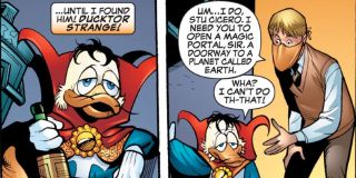 18. Simon Strange aka Ducktor Strange (Ziemia-791021) – dumny posiadacz tytułu Mallard of the Mystic Arts (w dosłownym tłumaczeniu: Kaczka Krzyżówka Sztuk Mistycznych), pochodzący z tego samego świata co Kaczor Howard. Zaczynał jako weterynarz, później szkolił się w dziedzinie magii pod okiem… Starożytnego Wina – szkolenie to polegało głównie na spożywaniu wielkich ilości napoju alkoholowego i komunikacji z duchami. Skończył jako bezdomny. Katalog mocy: te same co u Doktora Strange’a z Ziemi-616 oraz wszystkie zdolności, jakie daje mu ptasia budowała ciała. Kiedyś zdołał dzięki magii przenieść istoty ze swojej rzeczywistości na podstawową wersję Ziemi.