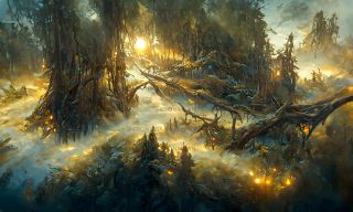 Szkic Mrocznej Puszczy przerobiony przez sztuczną inteligencję