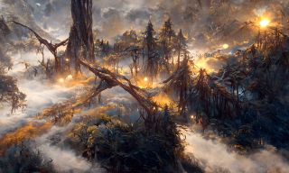 Szkic Mrocznej Puszczy przerobiony przez sztuczną inteligencję