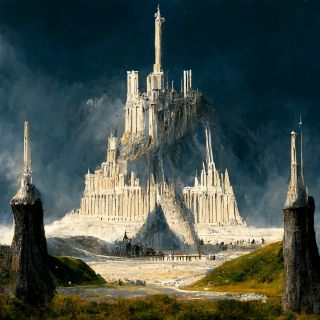 Szkic Minas Tirith przerobiony przez sztuczną inteligencję
