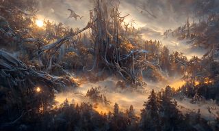 Szkic Mrocznej Puszczy przerobiony przez sztuczną inteligencję