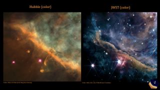 Mgławica Oriona - porównanie zdjęć z teleskopów Hubble'a i Webba