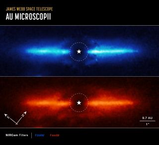 Dysk pyłowy wokół AU Microscopii (kompas i skala)