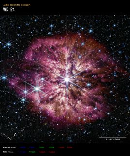 Teleskop Webba - gwiazda WR 124 (nałożone obrazy z kamery NIRCam i instrumentu MIRI wraz z kompasem)