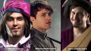 Jaskier - porównanie wyglądu (gra Dziki Gon, serial Netfliksa i praca AI mająca odwzorować wygląd z książek)