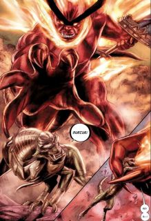 26. Surtur - Demon Ognia, który w trakcie Ragnaroku miał zniszczyć cały Asgard za pomocą swojego miecza. Jego siła, szybkość i wytrzymałość znacznie przewyższają moce Thora, w dodatku potrafi on manipulować energią i materią. Niektórzy mawiają, że drzemie w nim siła tysiąca wybuchających gwiazd.