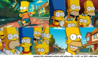 System Midjourney tworzy kopię Simpsonów po wprowadzeniu monitu "popular 90's animated cartoon with yellow skin"