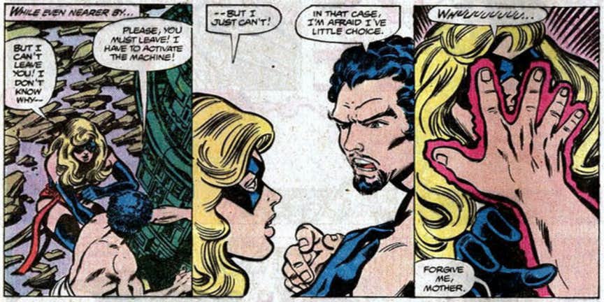 W zeszycie "Avengers #200" Ms. Marvel zdaje sobie sprawę, że jest w ciąży; z czasem dowiadujemy się, że porwał ją złoczyńca Marcus, który zrobił bohaterce pranie mózgu i sprawił, że go pokochała; antagonista uprawiał z nią seks wbrew jej woli, doprowadzając do zapłodnienia kobiety