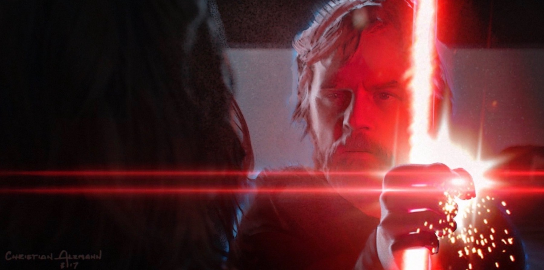 Star Wars 9 - Luke Skywalker pojawia się przed Kylo Renem i wykorzystując potęgę Mocy łapie za ostrze jego miecza świetlnego. Prawdopodobnie powstrzymuje go przed zabiciem Rey