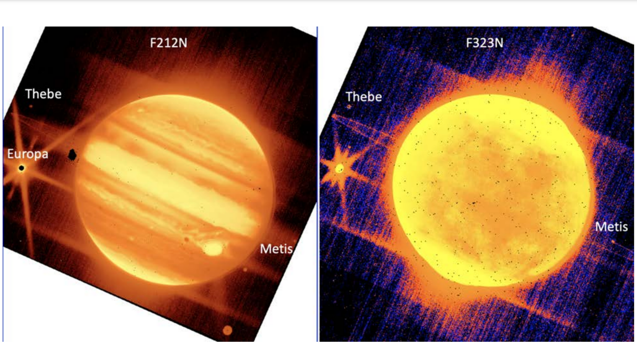 Jowisz w kamerze bliskiej podczerwieni NIRCam (dwa różne filtry przeznaczone do różnych długości światła)