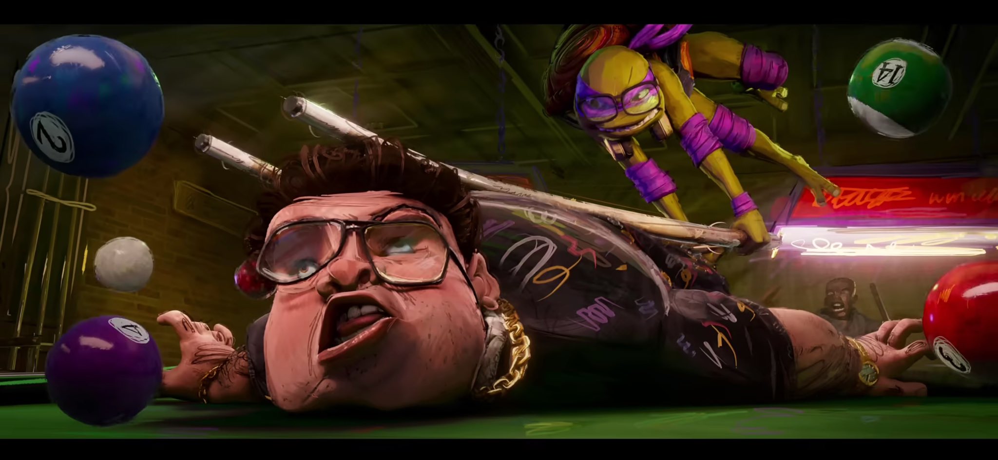     Wojownicze Żółwie Ninja: Zmutowany chaos - plakat nawiązuje do filmu aktorskiego z lat 90.