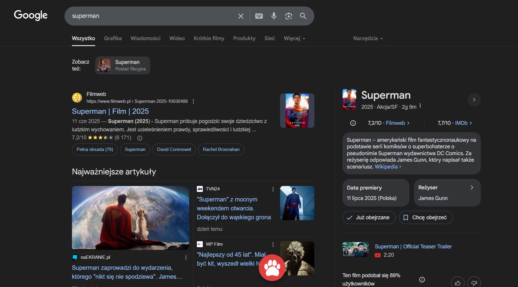 Zrzut ekranu z Google