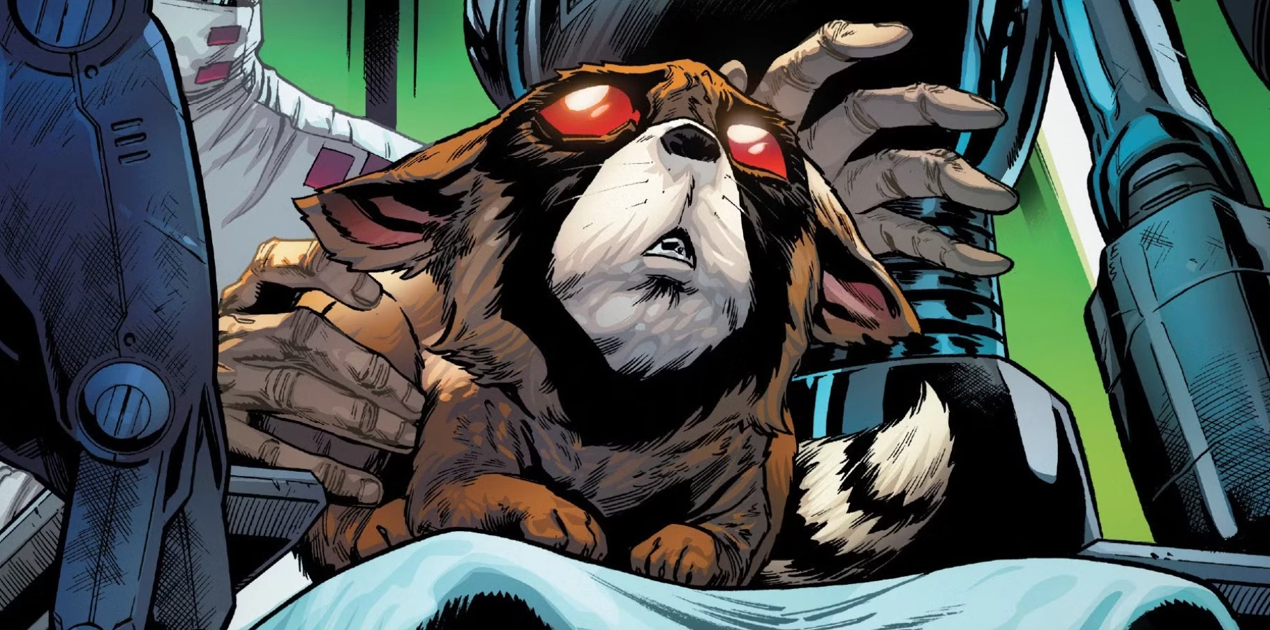 Rocket Raccoon w świecie Marvel Comics został stworzony przez szalonych naukowców, by towarzyszyć pacjentom w zakładzie psychiatrycznym. Po odkryciu swojego celu w życiu, ucieka i zaczyna karierę jako kosmiczny łotr.