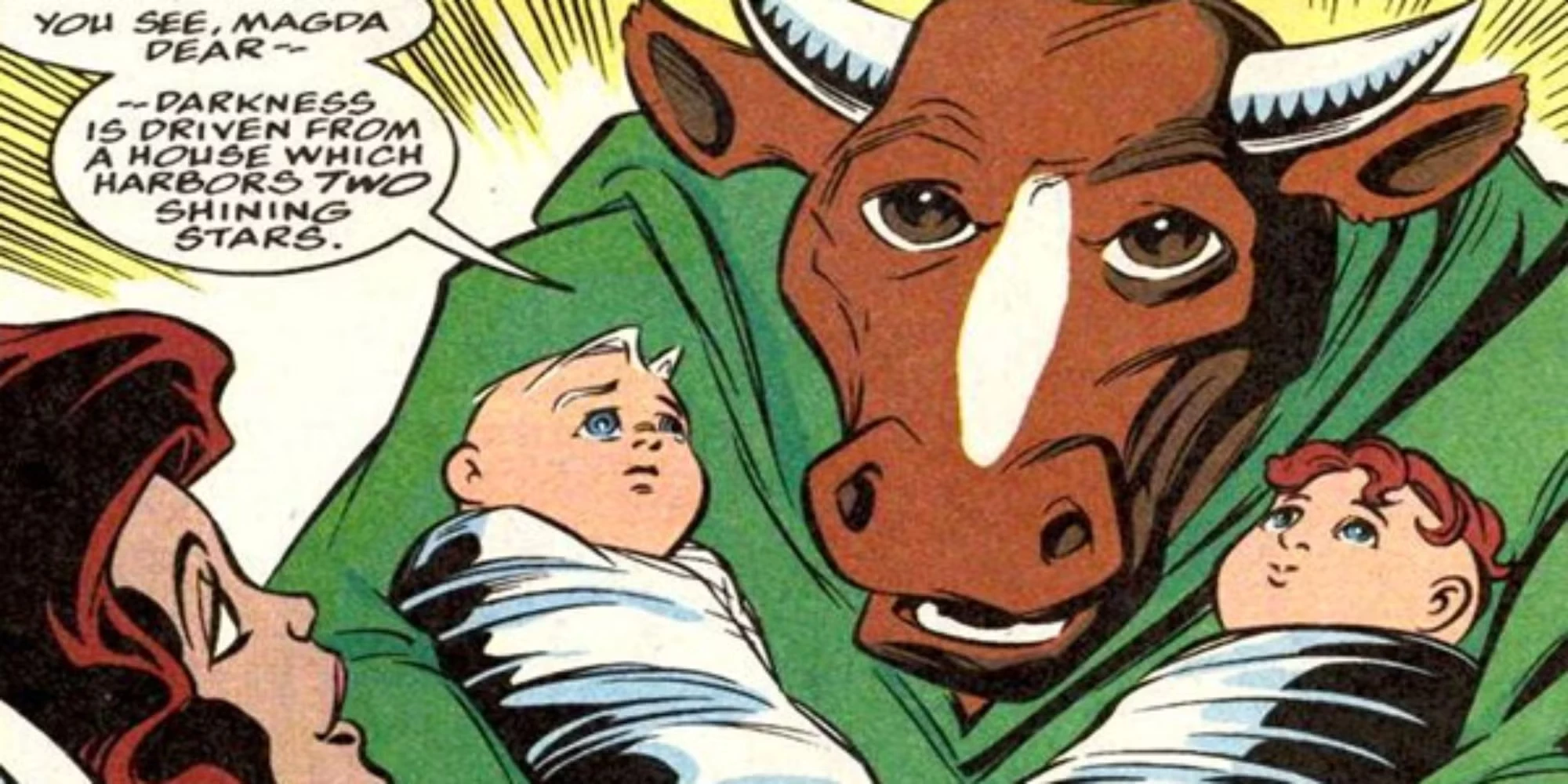W pewnym momencie wychowywała ją krowa. Tak, dobrze czytacie. Gdy jej matka Magda uciekła od Magneto w góry Wundagore, rezydował tam High Evolutionary, którego możecie znać z 3. części „Strażników Galaktyki”. Bova, niegdyś zwykła krowa, a później niania i położna pracująca dla High Evolutionary, zajmowała się w tamtym czasie Wandą i Pietrem.