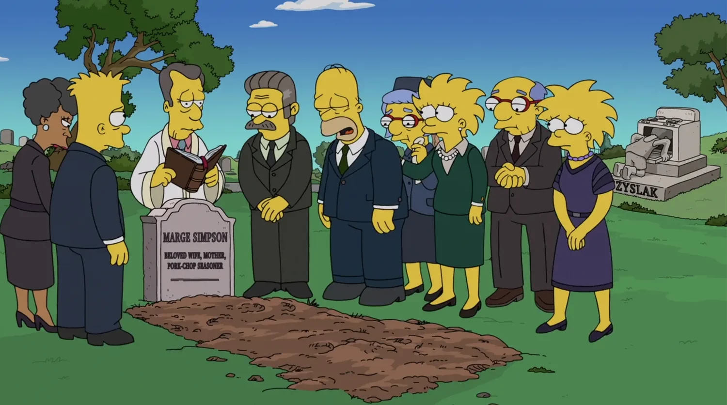 Kadr z odcinka serialu Simpsonowie przedstawiający pogrzeb głównej bohaterki