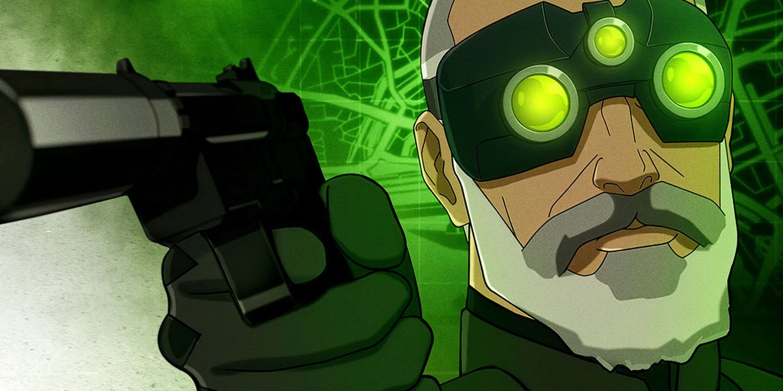 Oficjalny kadr z animacji Splinter Cell – fikcyjna scena, broń narysowana, brak promocji przemocy.