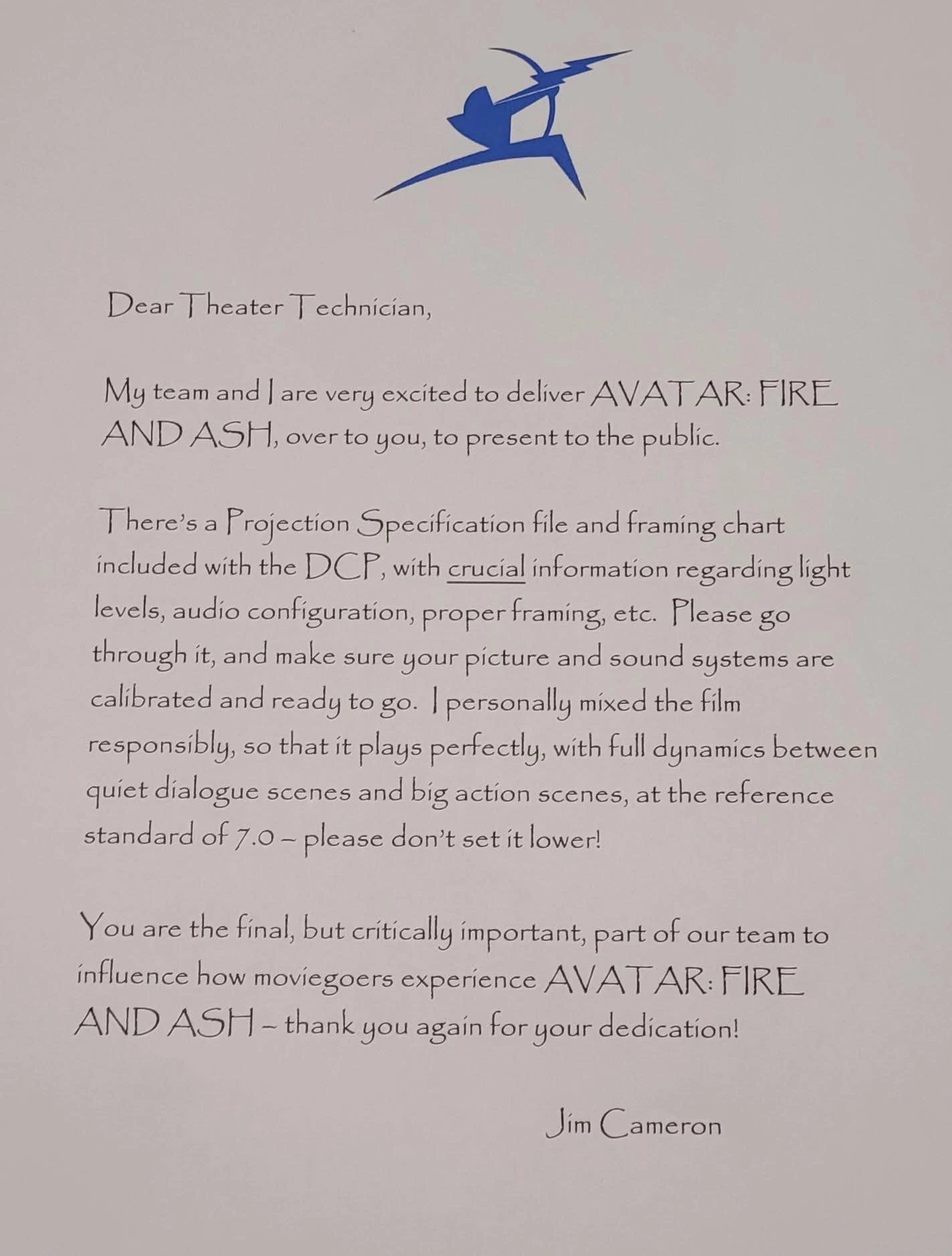 List Jamesa Camerona do pracowników technicznych kin
